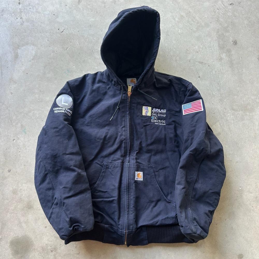 Carhartt J131 Navy Duck Canvas Hooded Jacket Mens Medium Made in USA Judlau Logo